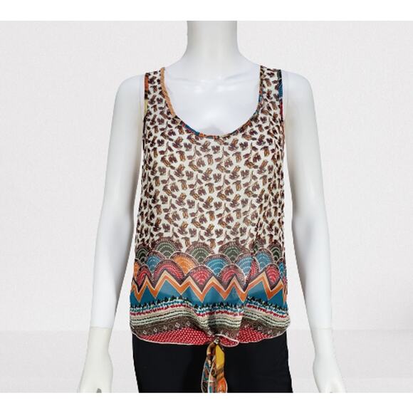 Women's Material Girl Tulip/Geometric print, Razorback, Beige Tank Top, Medium - Picture 1 of 10